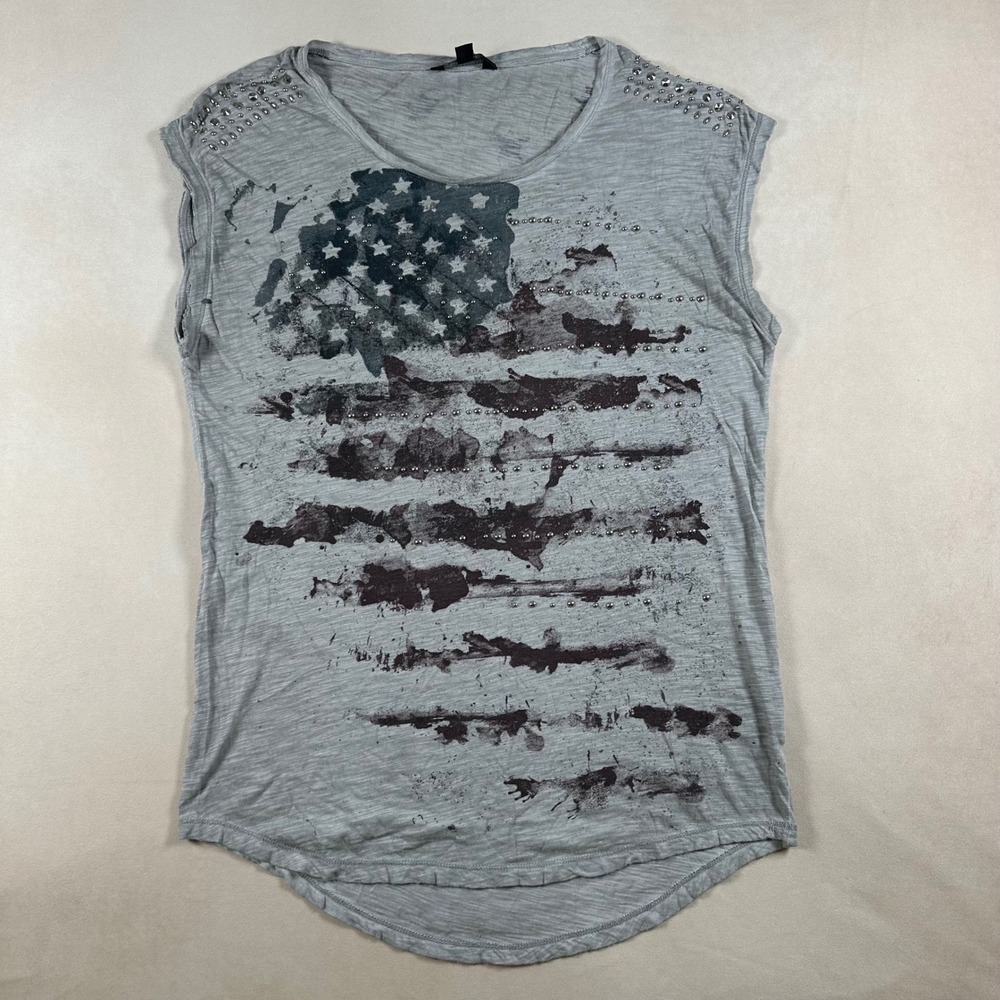 Rock & Republic Womens M American Flag Studded Graphic Tee Gray Stars Biker